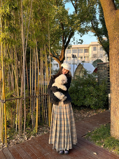 Low Waist Plaid Gingham Pleated  Skirt Korean Style Commute A-Line Long Skirts for Women Spring 2025 Casual Loose Fit