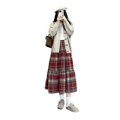 Sweet Vintage High Waist A- Line Plaid Woolen Skirt Women Autumn Winter Midi Length Skirt Woman Comfortable Casual Style