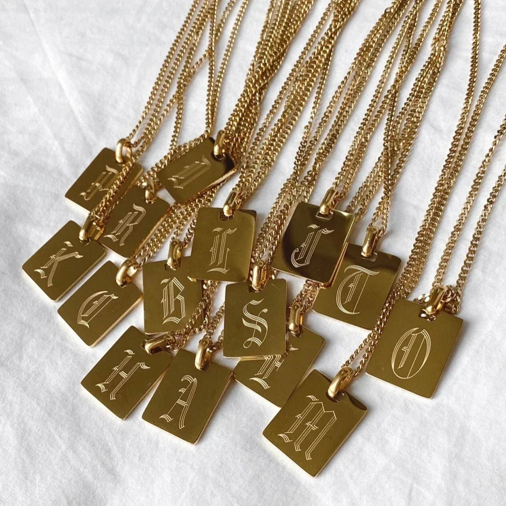Murano Joias 26 Letters Stainless Steel Engraved Initial Old English Necklaces Custom Link