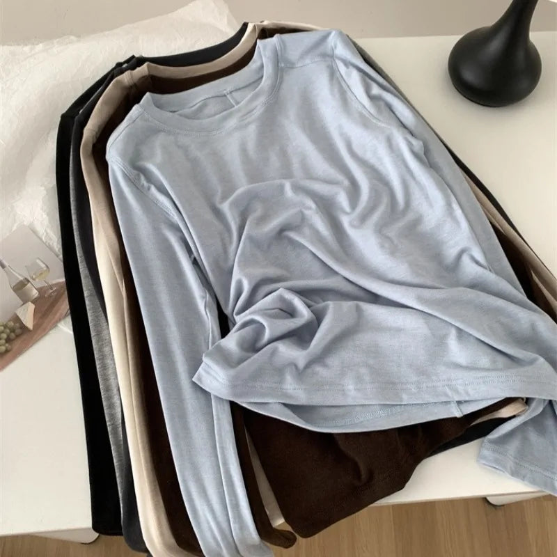 Silk Wool Splice Long Sleeve T-shirt Women Spring Summer Thin Soft Waxy Fit Solid Color Backing Top