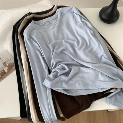 Silk Wool Splice Long Sleeve T-shirt Women Spring Summer Thin Soft Waxy Fit Solid Color Backing Top