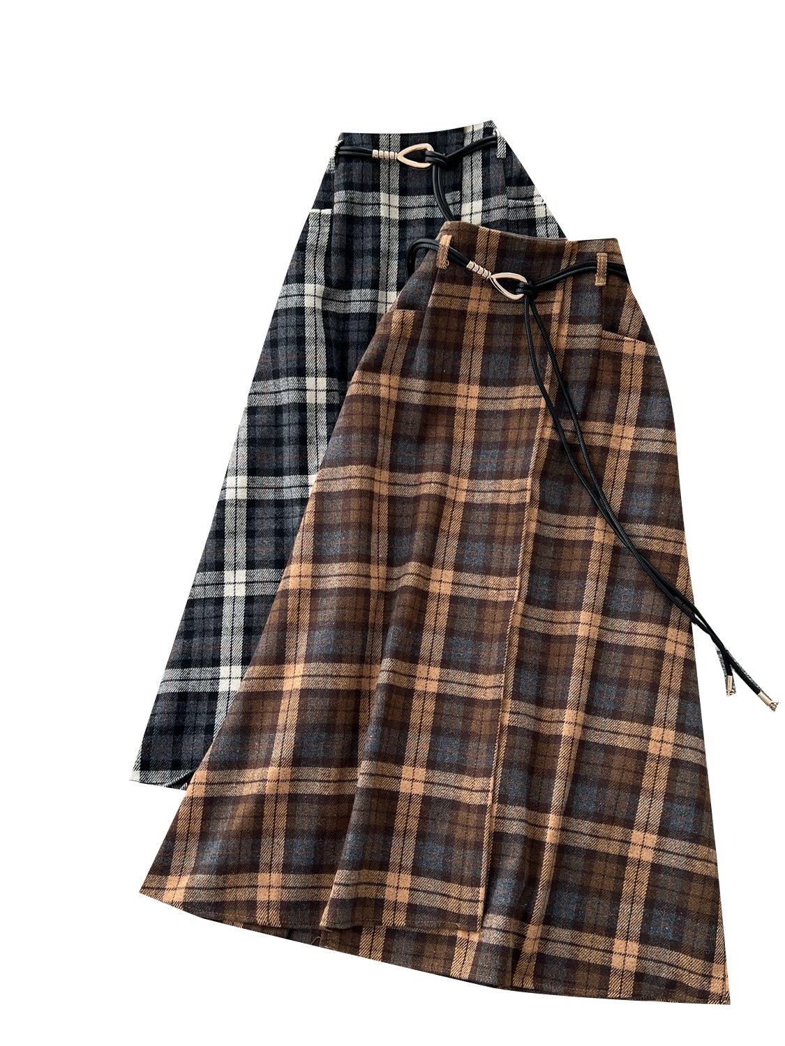 Retro Plaid Splicing A-Line Midi Skirt Women's High Waist Slimming Commute Elastic Waist Skirts Korean Style City Commute