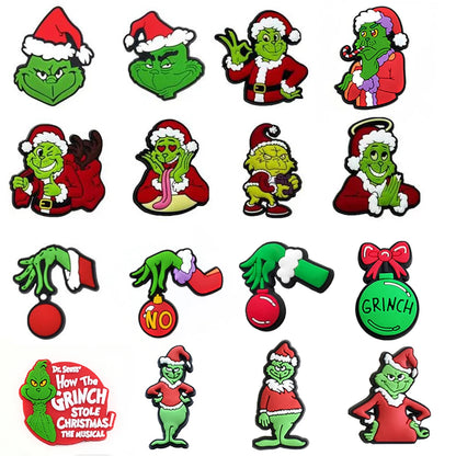 9-22Pcs Christmas Green Cartoon Shoes Charms Cartoon Clog Sandal Garden Shoe Decoration Accessorie Buckles Kids Party Gifts