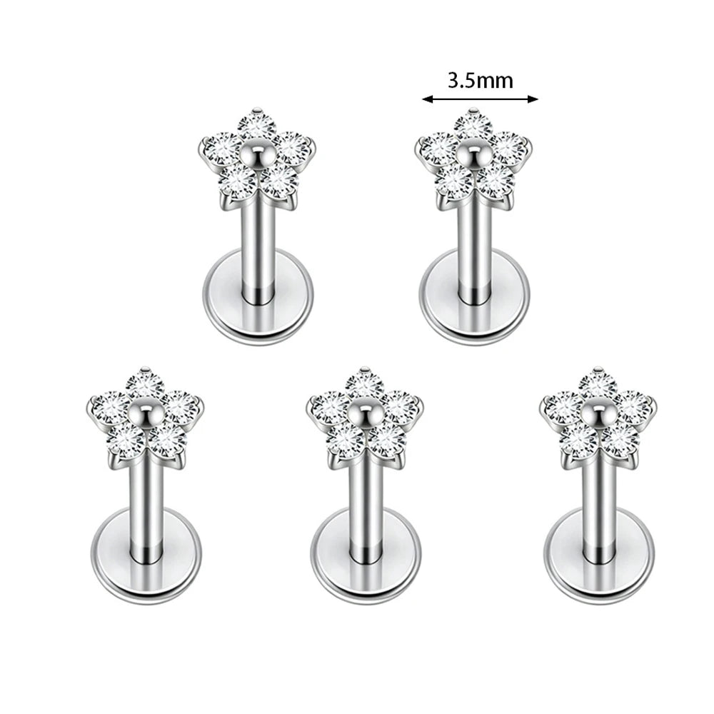 1/5PCS F136 Implant Titanium Earrings Stud,Trendy Flower Zirconia Cartilage Earrings,Tragus Conch Helix Piercing Jewelry
