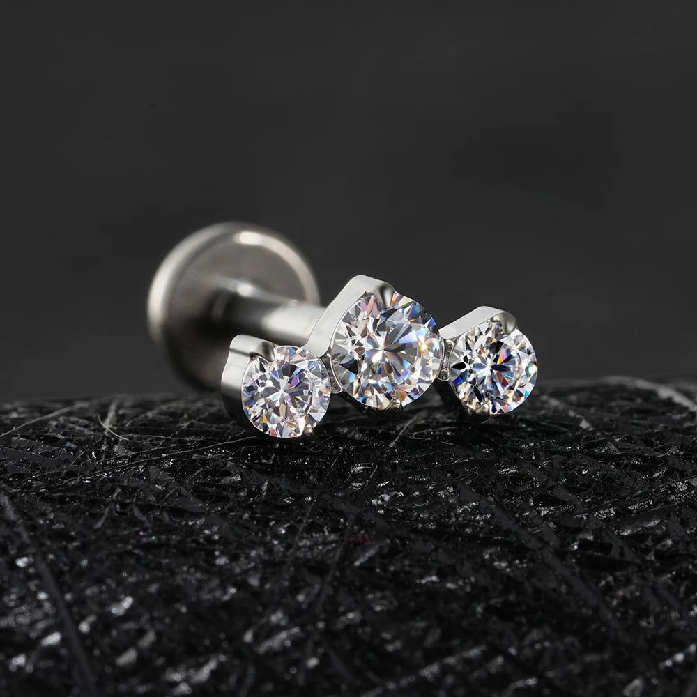 Right Grand ASTM F136 Titanium Triple CZ Cluster Cartilage Earring 16G Mini CZ Labret Tragus Helix Medusa Flat Back Piercing