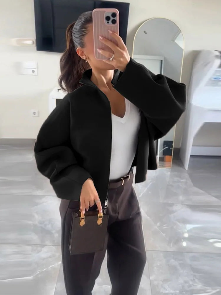 Elegant Knitted Zipper Women's Sweater Solid Full Sleeve Stand Collar Loose Open Stitch Female 2026 Fashion Autumn Outwear Lady