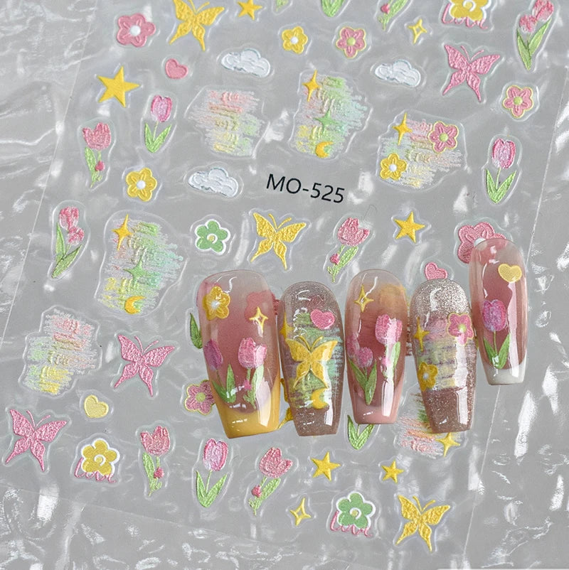 5D Embossed Nail Art Decals Elegant Petals Florals Daisy Flowers Leaves Adhesive Sliders Stickers For Manicure Tips Decoration