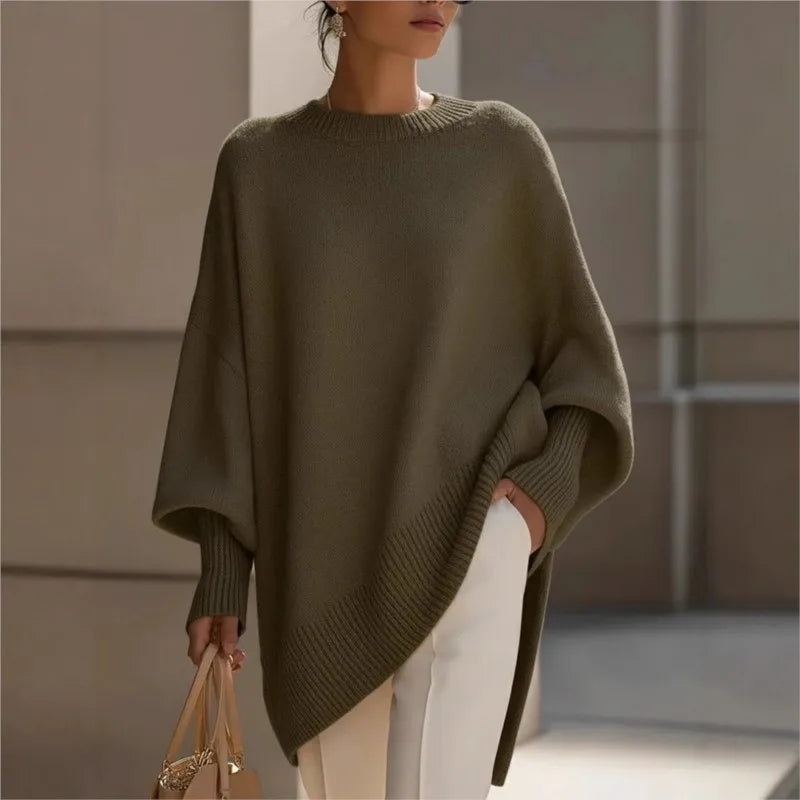 New women's autumn and winter round neck long-sleeved tops knitted pullover loose lazy style solid color women's casual sweater
