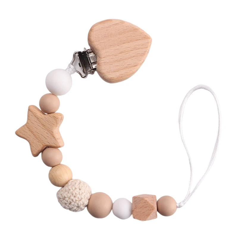 Baby Wood Crochet Round Bead Pacifier Chain Wooden Heart Dummy Holder Clip For Baby Teether Teething Chain Nursing Chew Toy Gift