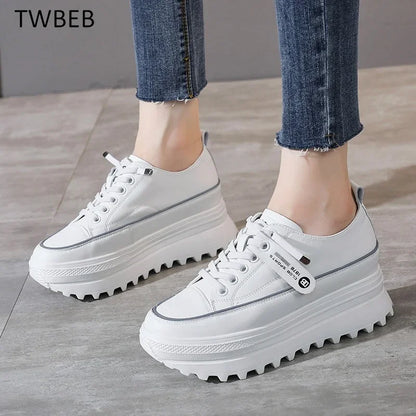Fujin 5.5cm Genuine Leather Platform Wedge Shoes Chunky Sneaker White Casual Shoes Comfortable Breathable Autumn Autumn Shoes
