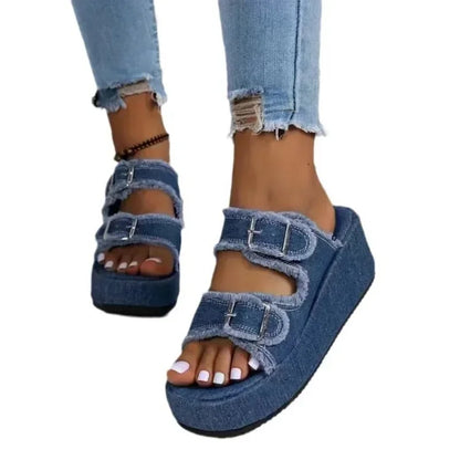 Cowboy Wedges Slippers Shoes Women High Heels Platform Sandals Buckle Flip Flops 2026 Summer Fashion Pumps Zapatos Mujer Slides