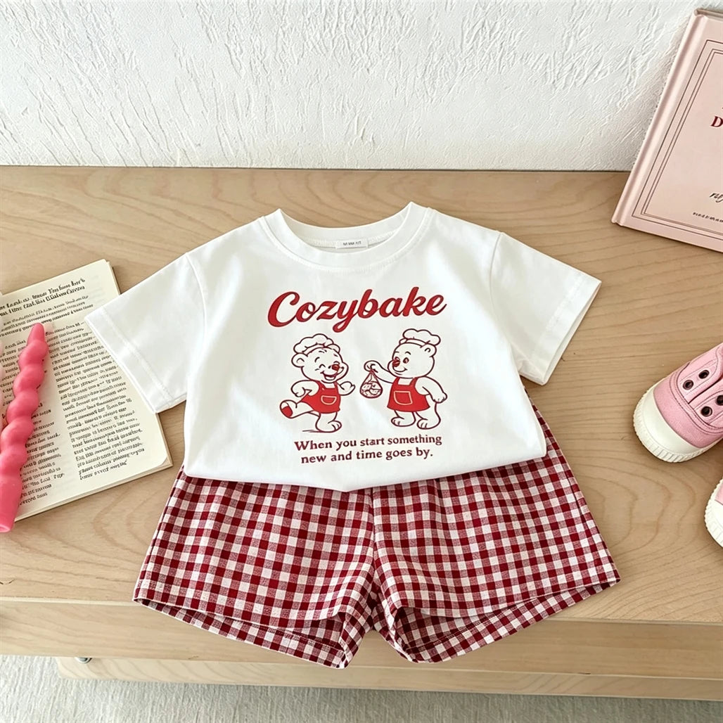 Cartoon T Shirt Plaid Shorts 2Piece Set Summer Clothing Short Sleeve Shorts Cute Printed Tees All-match Shorts Kids Costume