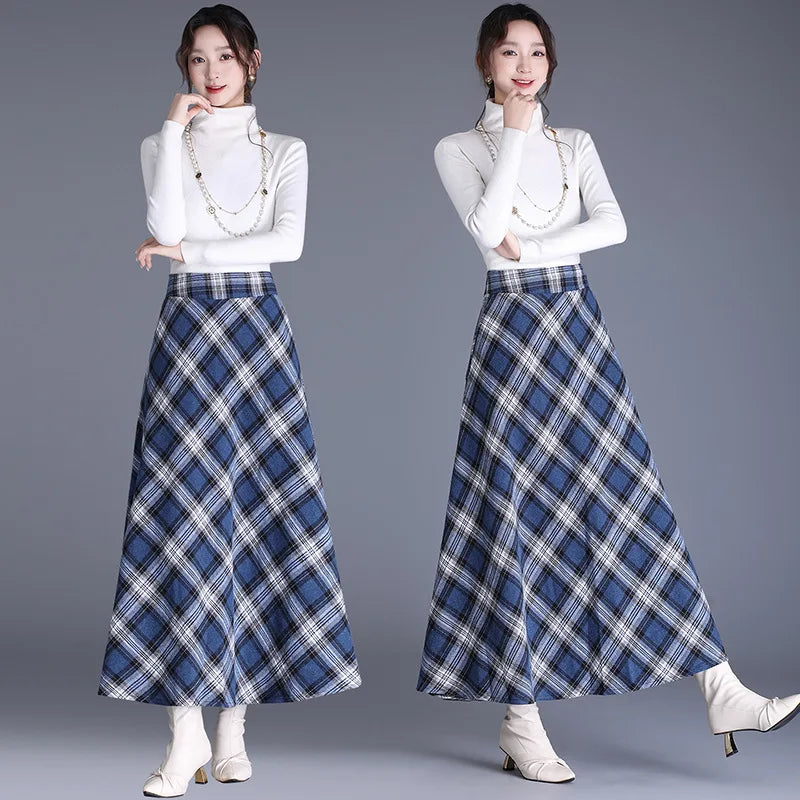 Fairyshely 2026 Winter Brown Plaid Woolen Long Skirt Women Autumn Warm High Waist Midi Skirt Ladies Elegant Thick Pleated Skirt
