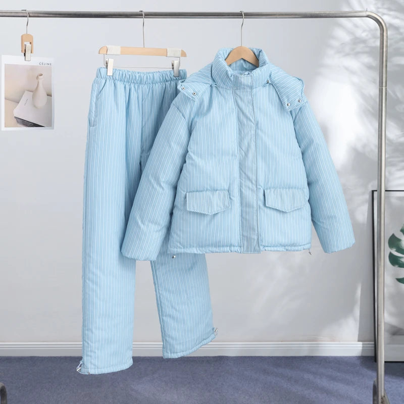 Urban Solid Women Stripe Padded Coat Pant Set Casual Full Sleeve Hooded Zipper Jacket Elastic Waist Pants 2026 Winter Lady Suits
