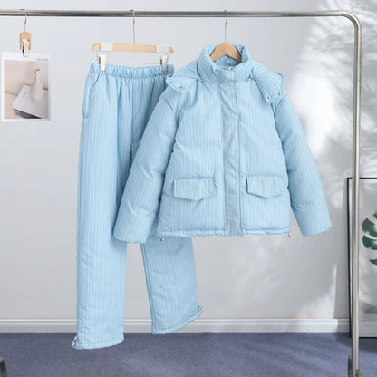 Urban Solid Women Stripe Padded Coat Pant Set Casual Full Sleeve Hooded Zipper Jacket Elastic Waist Pants 2026 Winter Lady Suits
