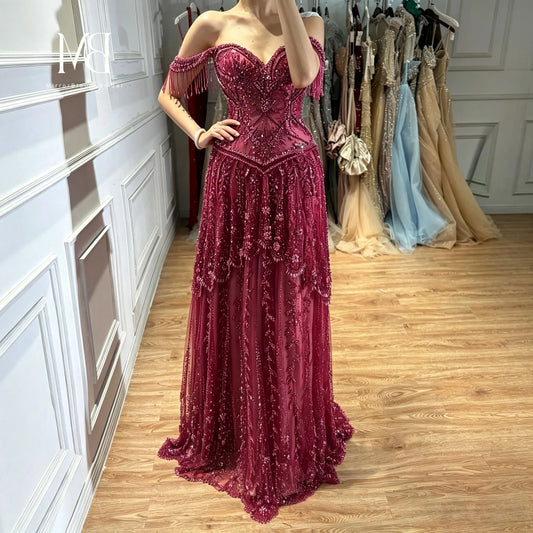Red Off-the-Shoulder Strapless Sleeveless Floor-Length Formal Ball Gown Beadwork Embroidery Glowing Women's  Occasion Dress