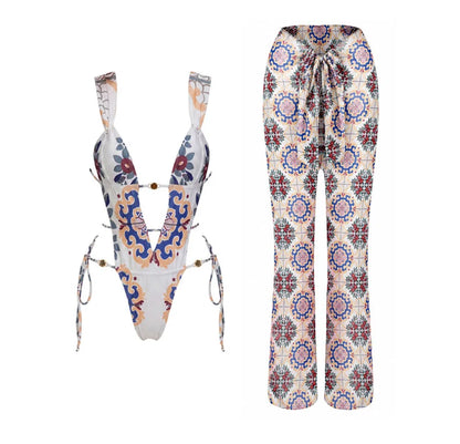 Push Up 2026 New Retro Prints 3 Pieces Bikinis Sets With Mesh Pants Beachwear Sexy Women's Swimsuit Cover-ups Strappy Beach Wear