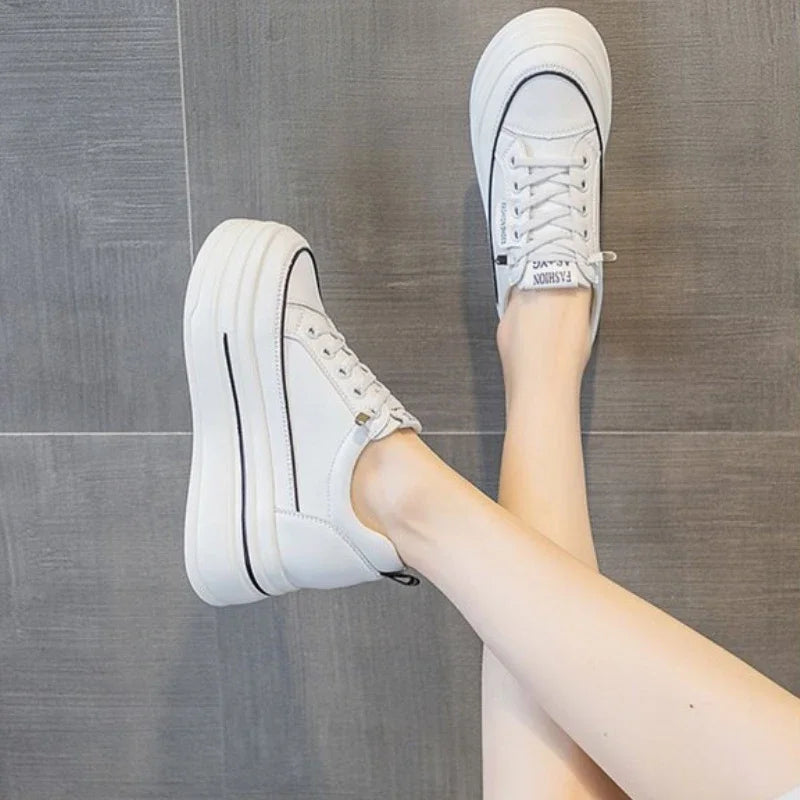 Womens Casual Sneakers Inserted Height Platform Shoes Lace-up Ladies Vulcanized Shoes Leather Breathable Women Shoes Comfortable