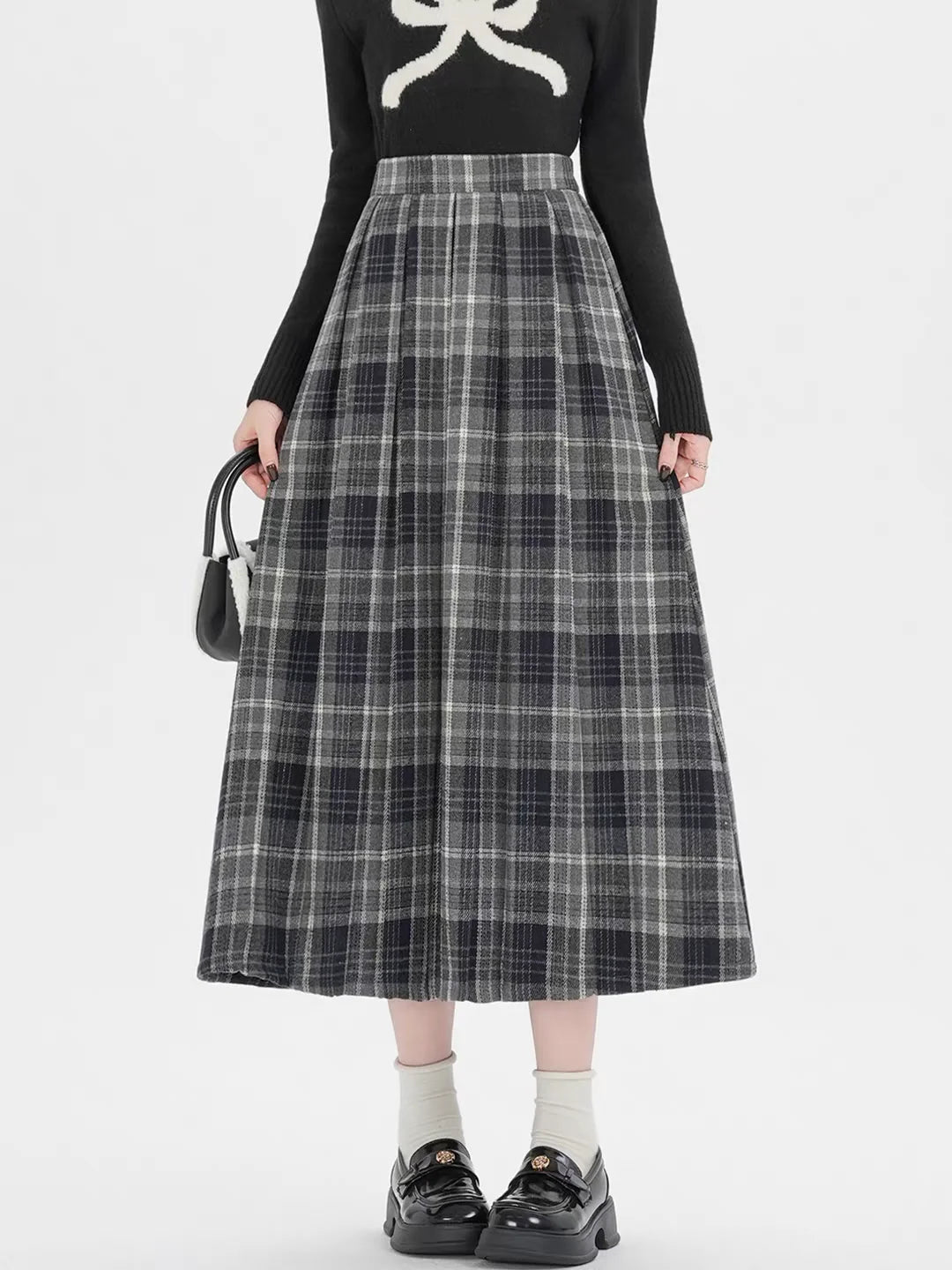 2026 Fall Winter Women‘s Plaid Pleated Midi Skirts High Waist A-Line Flared Swing Skirt Casual College Style