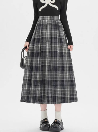 2026 Fall Winter Women‘s Plaid Pleated Midi Skirts High Waist A-Line Flared Swing Skirt Casual College Style