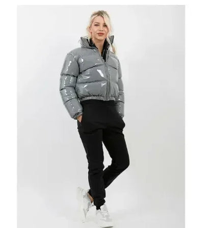 Women Cotton-padded Jacket Jacket Fashion Casual Glossy Long Sleeve Autumn And Winter Stand Collar Short Zipper Sexy Warm Street