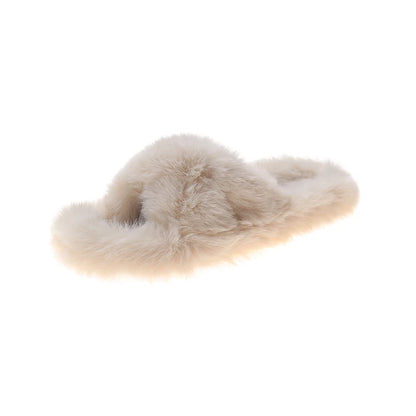 Fashion One Word Thick Fur Slippers Double Fur Slippers Casual Home Cotton Shoes for Women Flat Plush Cross Straps Slippers2025