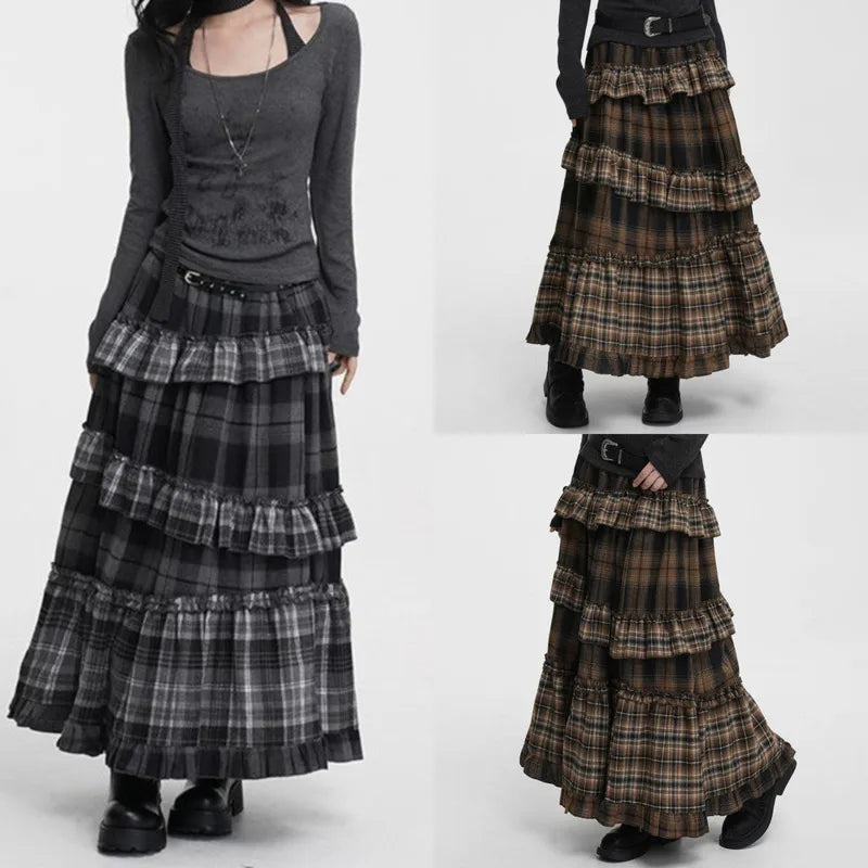Midi Dress Vintage Plaid Skirt Women High Waist Skirt Ruffle Patchwork Irregular Hem Autumn Winter Line Slim Maxi Skirts Female