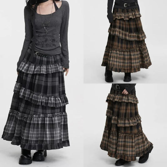 Women's Tiered Plaid Ruffle Long Skirt