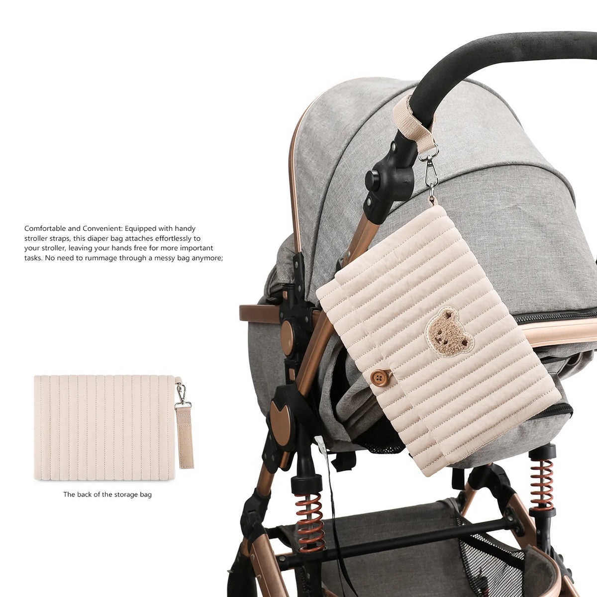 Foldable Hanging Diaper Organizer Bag - Multi-Compartment Essentials Storage Pouch with Wipe Holder & Diaper Pocket
