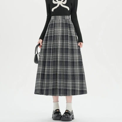 2026 Fall Winter Women‘s Plaid Pleated Midi Skirts High Waist A-Line Flared Swing Skirt Casual College Style