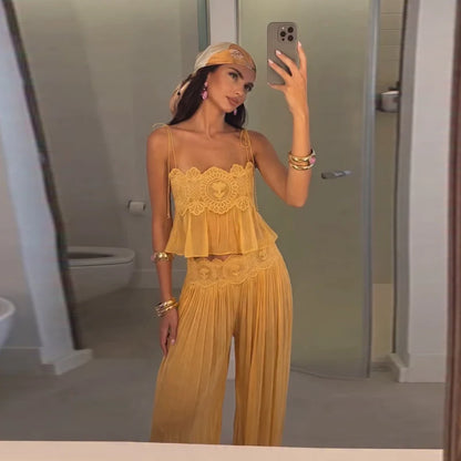 Women Pant Set Sheer Layers Spaghetti Strap Backless Lace Top Straps Solid Loose Straight Elastic Hem Fashion Beach Chic Suits