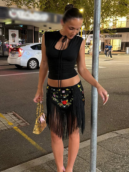 Floral Embroidery Fringe Wrap Mini Skirt Low Rise Self Tie Asymmetrical Hem 2026 Spring Summer Festival Women Boho Party Outfit