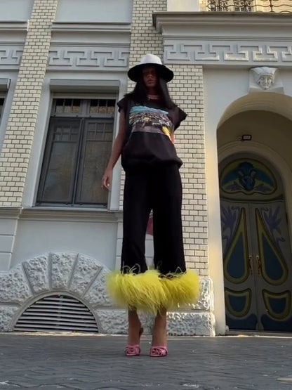 Women High Waist Straight Leg Long Pants Bright Feather Fuzzy Hem Decor Wide Trousers 2026 Fashion Causal Chic Party Bottoms