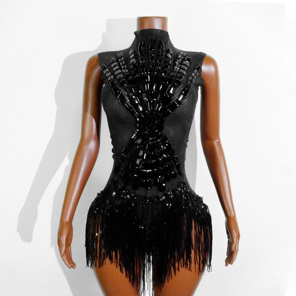 Black Sequins Fringes Leotard Mesh See through Party Bodysuit Women Sparkle Rhinestones Nightclub Prom Gogo Dance Stage Outfits