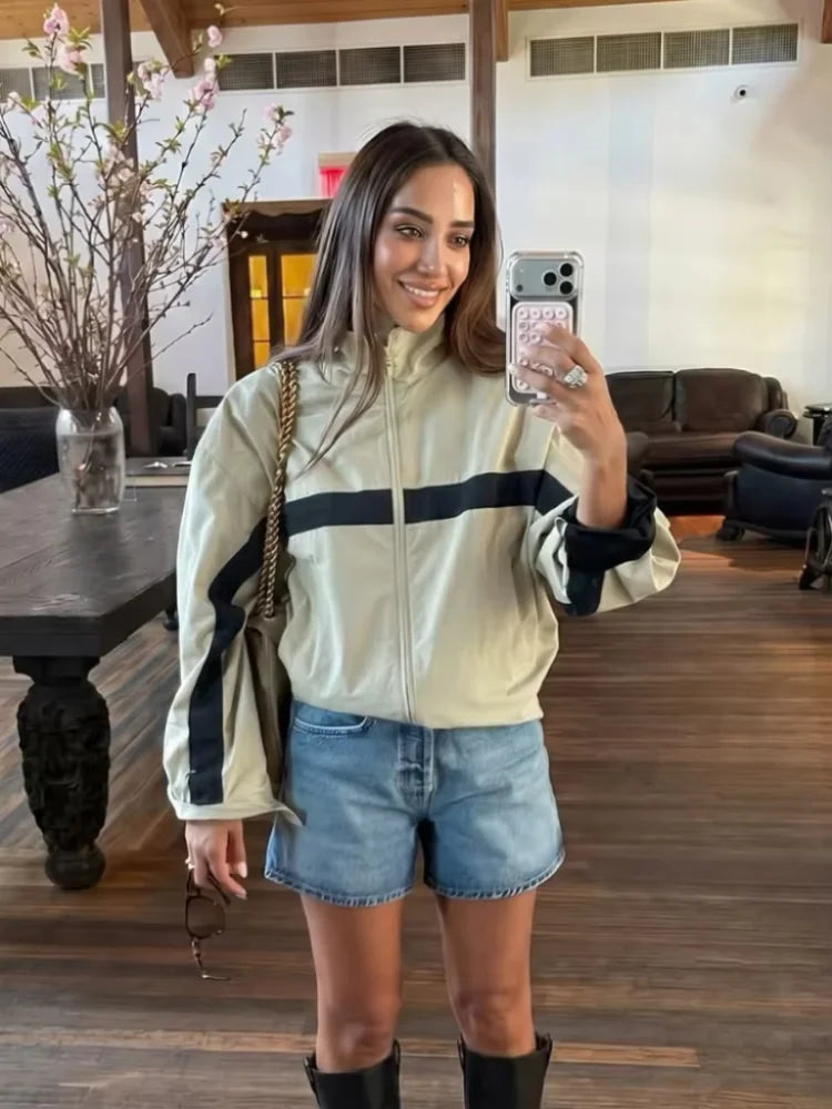 Women Color Block Jacket Casual Half Zip Collar Navy Striped Oversize Long Sleeve Sport Jackets Autumn Chic Street Wear New 2026