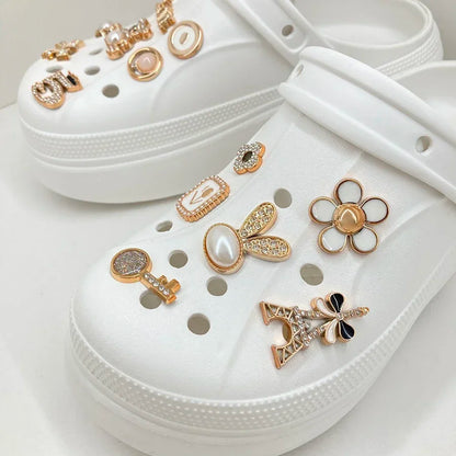14PCS Sparkling Rhinestone & Faux Pearl Shoe Charms Pins Set, DIY Detachable Decor for CROCS Clogs
