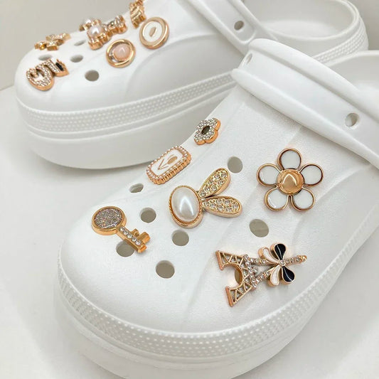 14PCS Sparkling Rhinestone & Faux Pearl Shoe Charms Pins Set, DIY Detachable Decor for CROCS Clogs