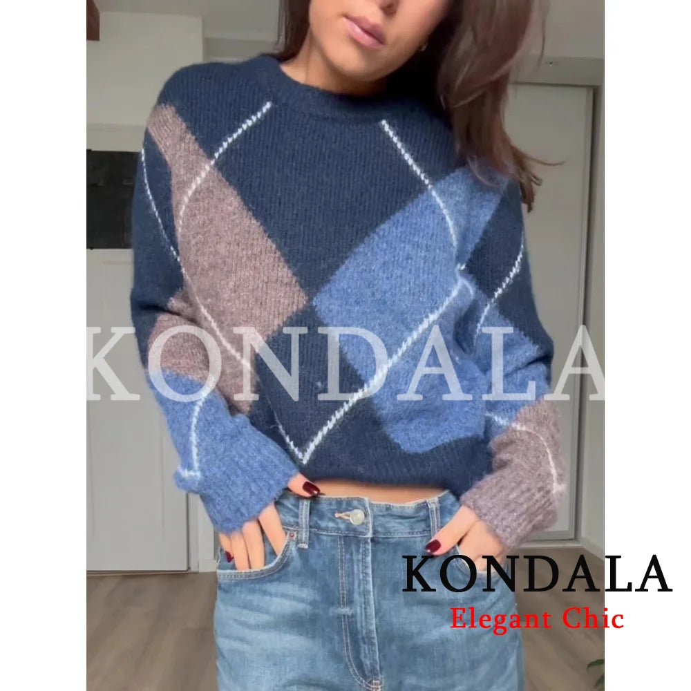 KONDALA Women Trendy Rhombus Contrasting Sweater Elegant Knitted Blouse 2026 Fall Fashion Holiday Party Commute Lady Sweater