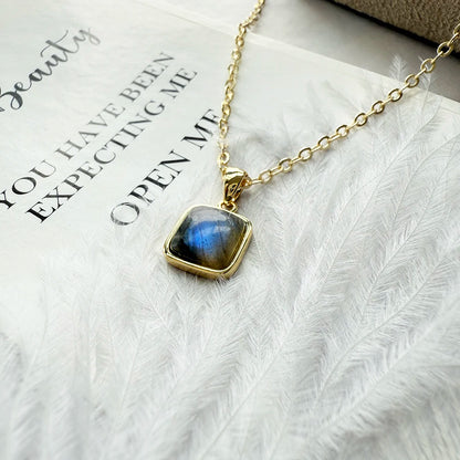 ITSMOS Natural Labradorite Square Pendant Necklace Simple Cube Stone 14k Gold Plated Chain Elegant Jewelry for Women Romatic