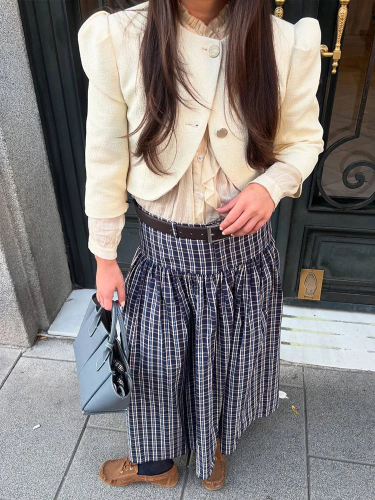 Women's Checked Pleated Skirt with Waist Detail