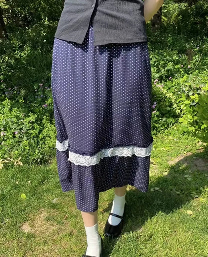 Blue Plaid Vintage Midi Skirt Women Summer New Elastic Waist Loose A-line Faldas Bottom Preppy Style Sweet Casual Long Skirts