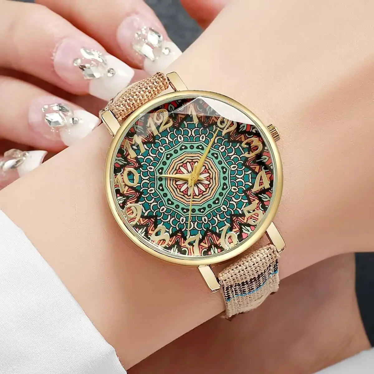 2/3/5PCS Fashion Women Watches Vintage Flowers Printed PU Strap Quartz Watch Reloj Mujer（Without Box）