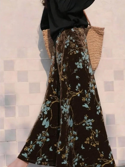 Floral Print Velvet Skirt Women's Clothing Vintage Saia 2026 Faldas Mujer De Moda Korean Chic Jupe High Waist A-line Long Skirts
