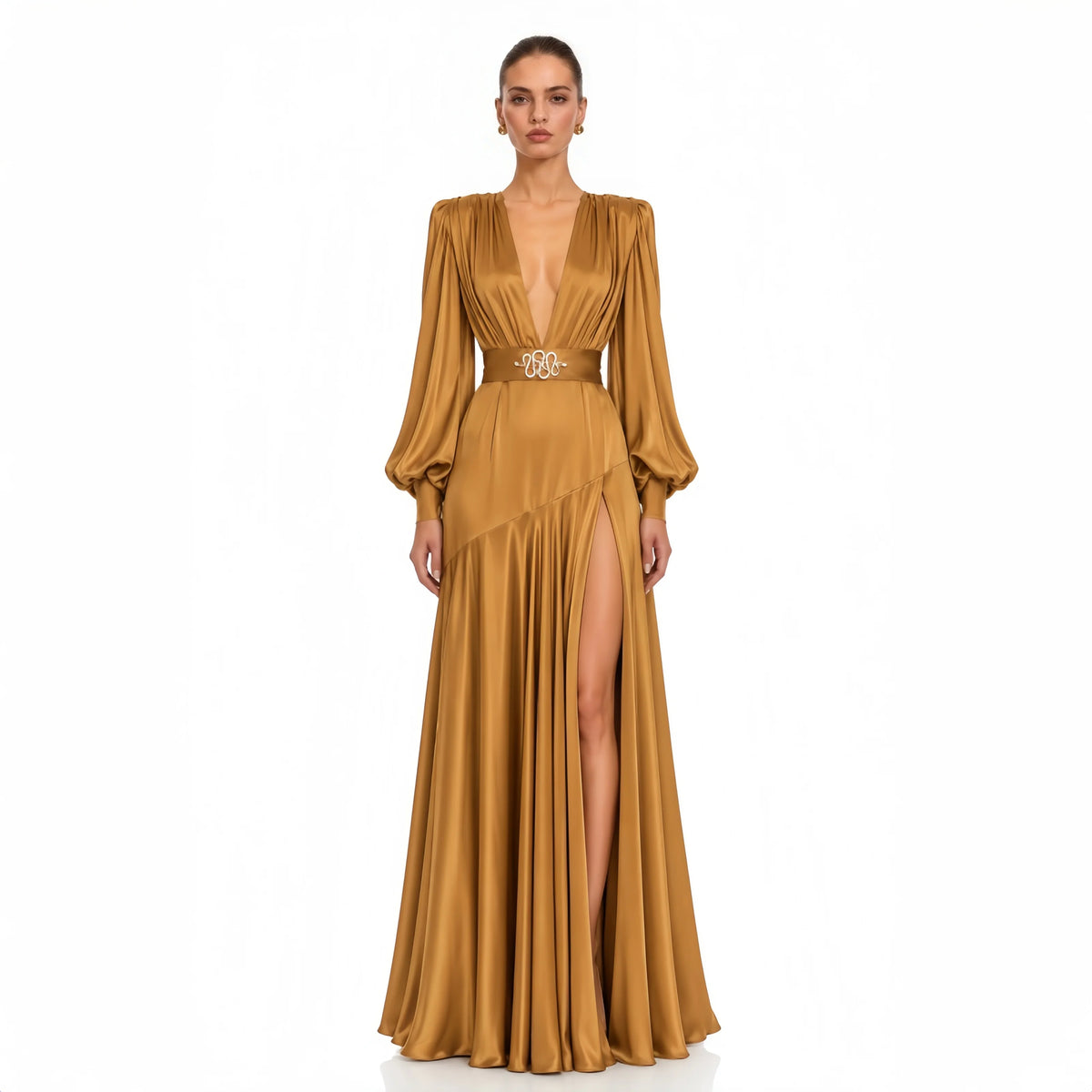 Elegant Floor Length Satin Evening Dress Women Deep V Neck Puff Long Sleeve Maxi Gown For Brazilian Ball Cocktail Party Wedding