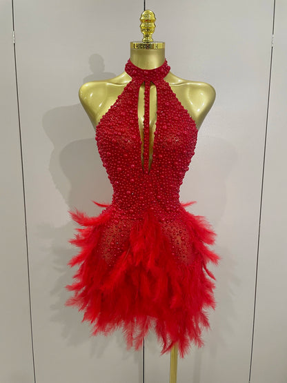 Women Luxury Rhinestones Pearls Feathers Halter Backless Short Dress Women Sexy Celebrate Birthday Dress Nightclub Stage Costume