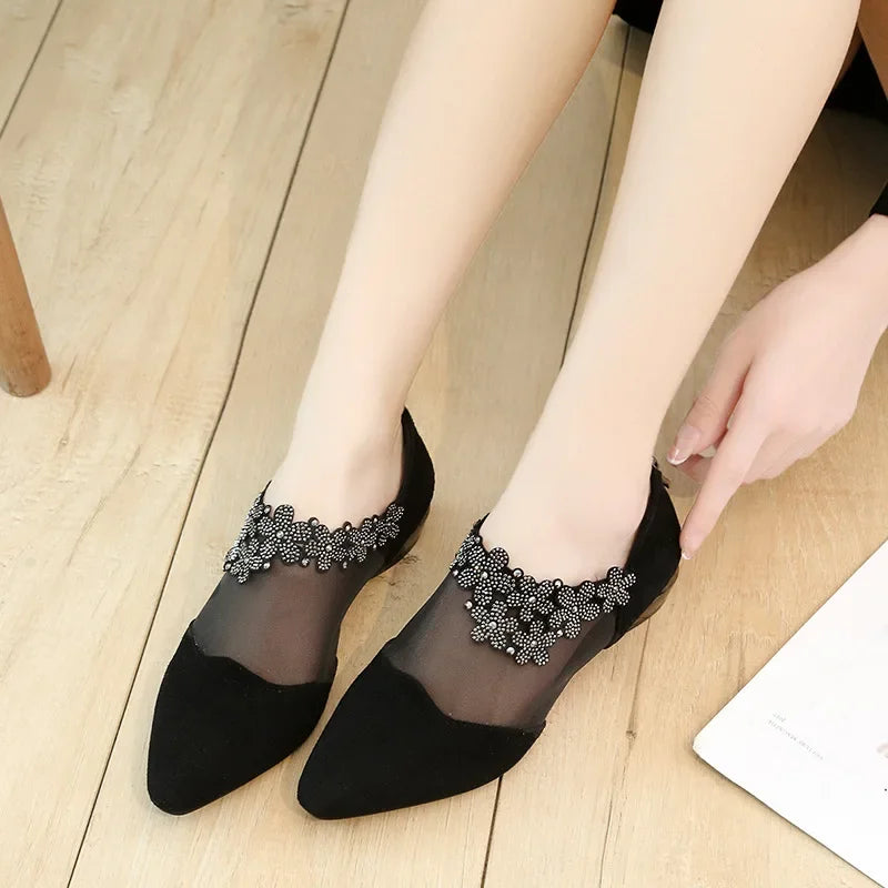 andals for Women 2025 Fashion Rhinestone Women Flowers Low Heel Sandals Women Mesh Plus Size Sandals Sandalias Mujer