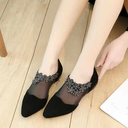 andals for Women 2025 Fashion Rhinestone Women Flowers Low Heel Sandals Women Mesh Plus Size Sandals Sandalias Mujer