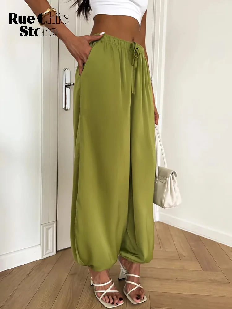 Solid Drapey Satin Loose Harem Pants Women Casual Elastic Waist Drawstring Design Long Pant 2026 Lady Commute Versatile Wear New