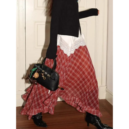 Women's Red Plaid Asymmetric Ruffle Skirt