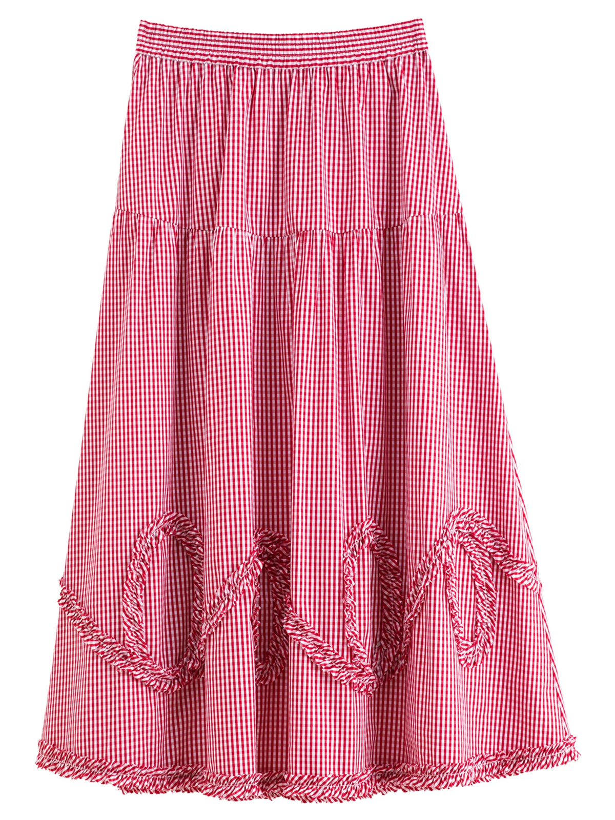 DUSHU Plaid Ruffled Hem Red Skirt Women 2026 Summer Relaxed Holiday Korean Style Loose-fitting Midi Skirt Age-reducing Citywalk